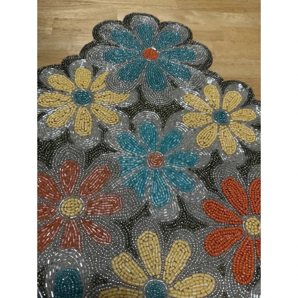 World Traveler India Hand Beaded Table Runner 13x36 Floral Boho Retro